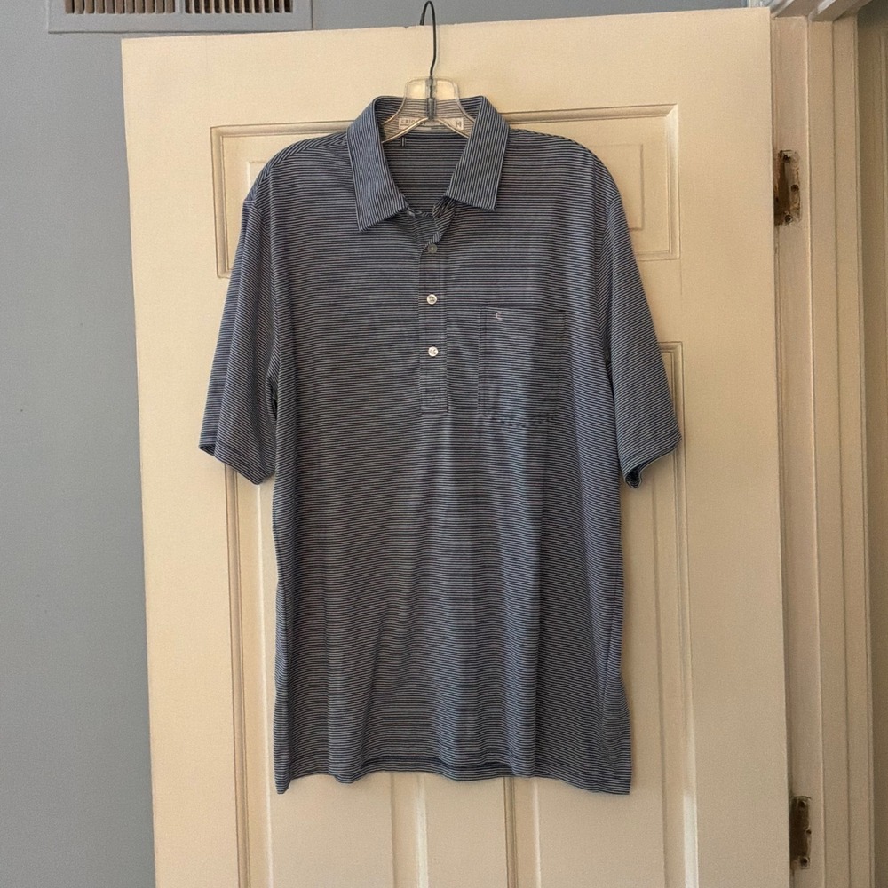 Criquet Mens Pima Cotton Blend Striped Polo Shirt Large Blue White Golf Casual